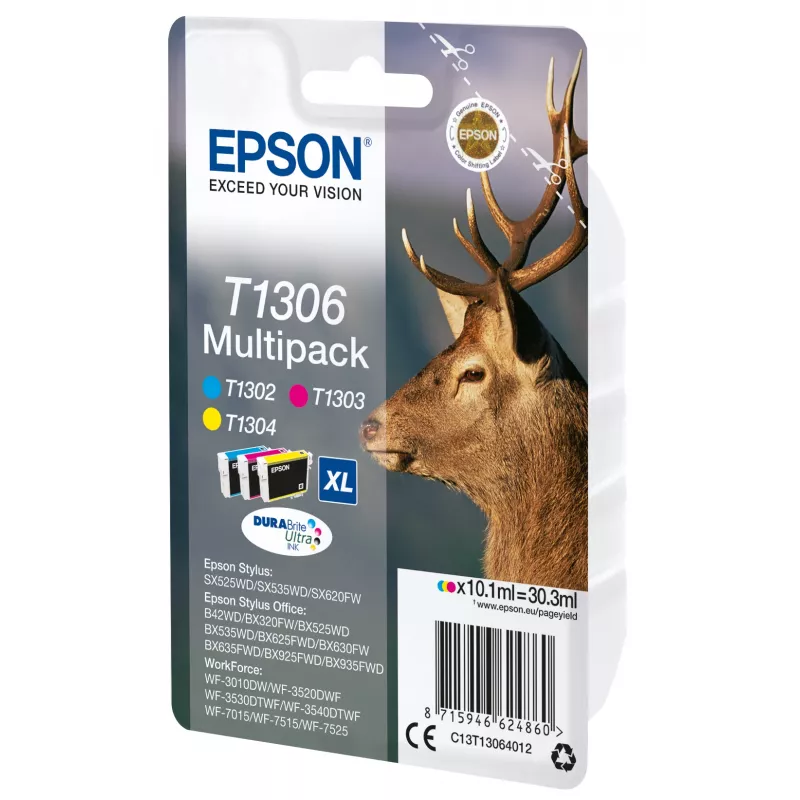 Epson Stag Multipack 3-colours T1306 DURABrite Ultra Ink, High (XL) Yield, Cyan, Magenta, Yellow, Pigment-based ink, 10.1 ml, 1 pc(s), Multi pack