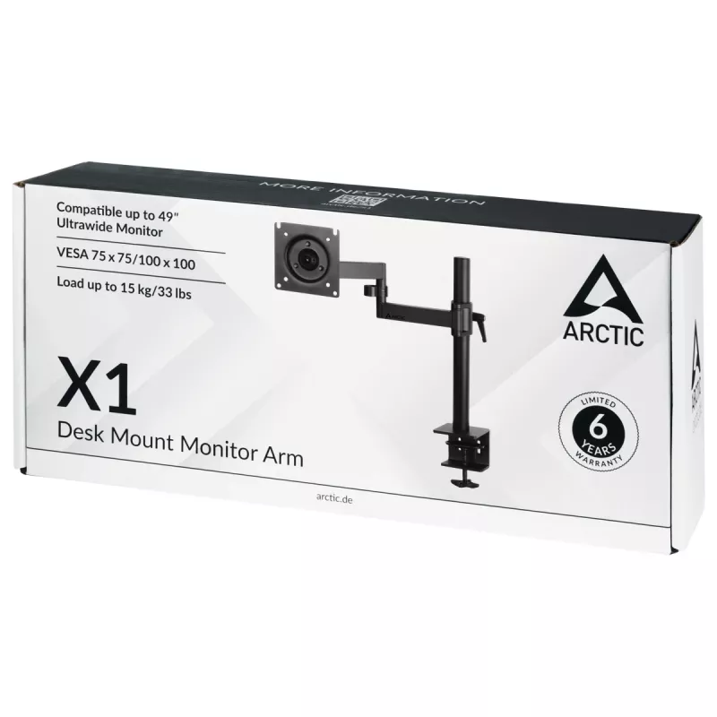 ARCTIC X1 - Desk Mount Monitor Arm, Clamp, 10 kg, 101.6 cm (40 inch), 109.2 cm (43 inch), 100 x 100 mm, Black