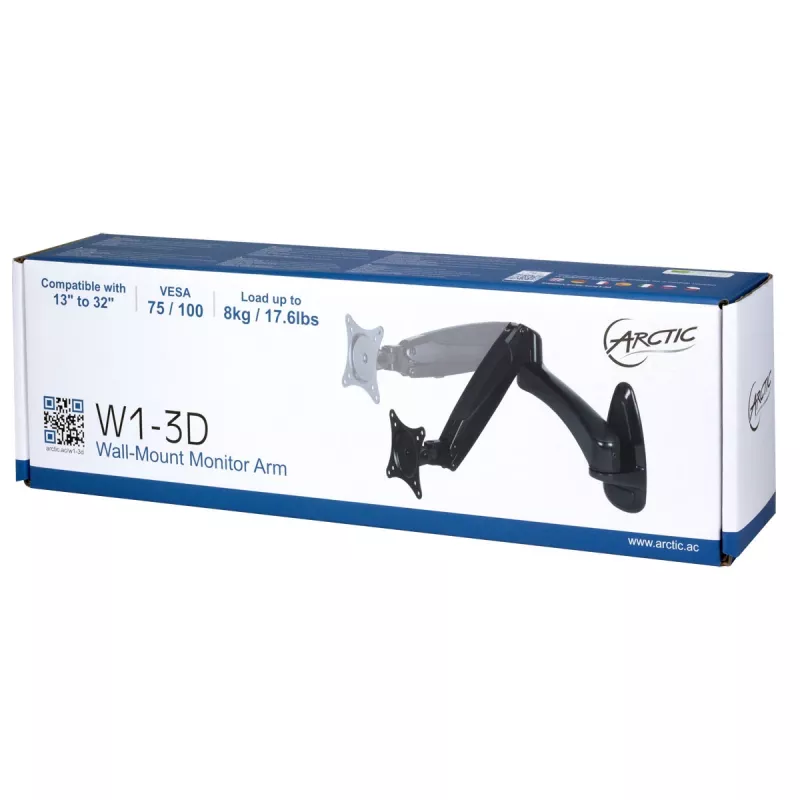 ARCTIC W1-3D - Monitor Wall Mount with Gas Lift Technology, 8 kg, 33 cm (13 inch), 81.3 cm (32 inch), 75 x 75 mm, 100 x 100 mm, Black