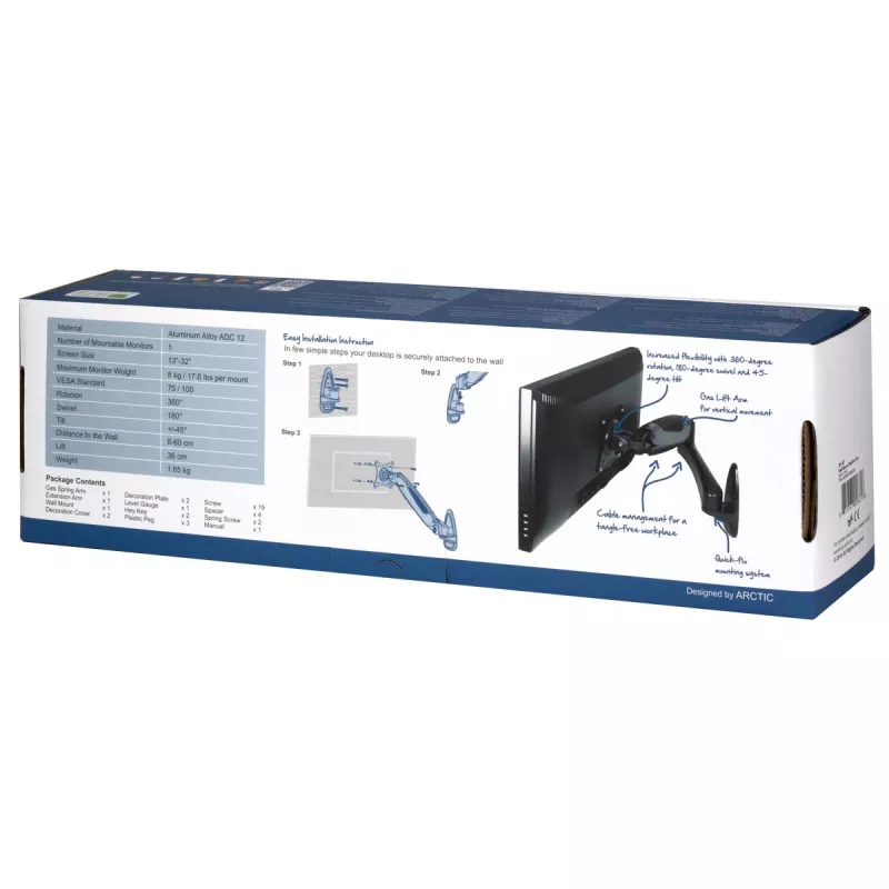 ARCTIC W1-3D - Monitor Wall Mount with Gas Lift Technology, 8 kg, 33 cm (13 inch), 81.3 cm (32 inch), 75 x 75 mm, 100 x 100 mm, Black