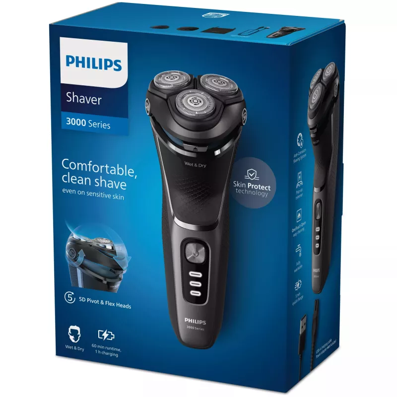 Electric shaver Philips 3000 Series S3343/13 — 3-head rotary, Wet & Dry, 60 min battery, PowerCut blades