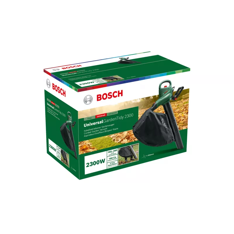 Handheld blower Bosch Universal GardenTidy 2300 — 2300 W, 576 m³/h, 45 L collection bag, 185–285 km/h, shredding function