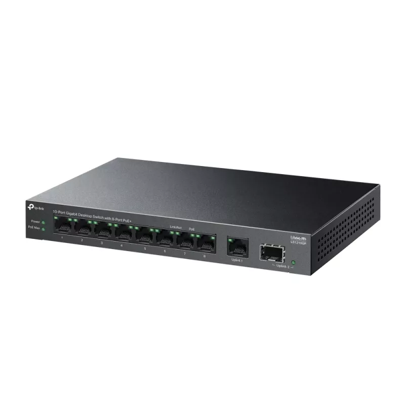 Unmanaged switch TP-LINK LS1210GP 10-port Gigabit, 8× PoE+ (61 W total), 1× SFP, 9× RJ‑45 Gigabit