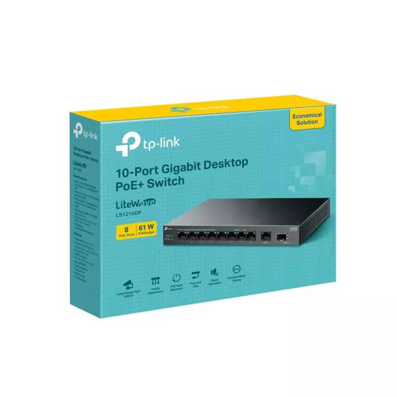 Unmanaged switch TP-LINK LS1210GP 10-port Gigabit, 8× PoE+ (61 W total), 1× SFP, 9× RJ‑45 Gigabit