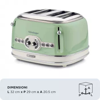 Ariete 156 4 Slice Vintage Toaster, 1600 Watts, 6 Toasting Levels, Stainless Steel Painted in Pastel Green, Without Sandwich Cages. Green