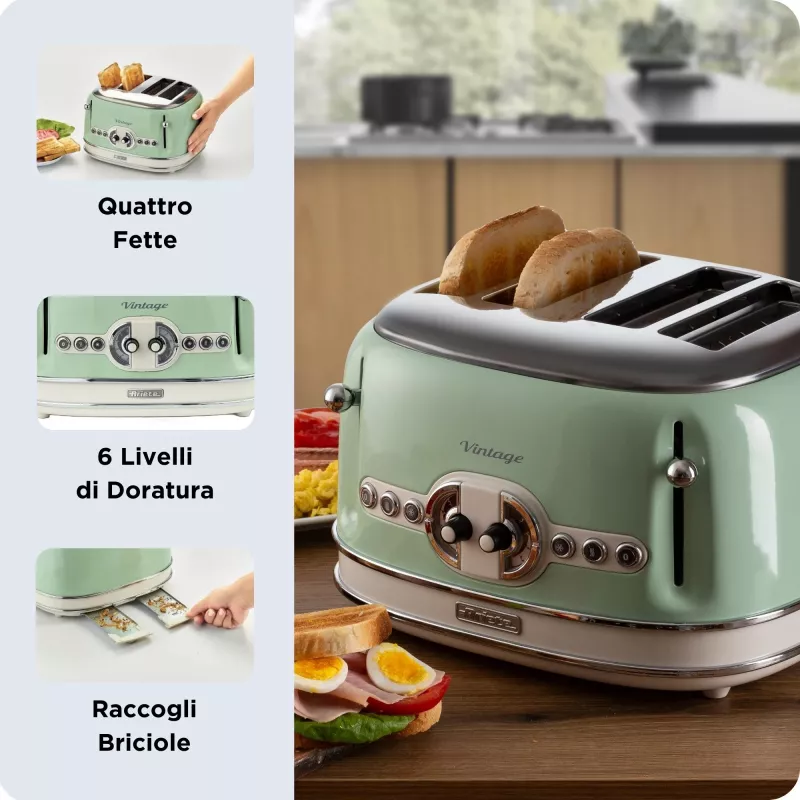 Ariete Vintage 156 4-Slice Toaster, 1600 W, Light Green