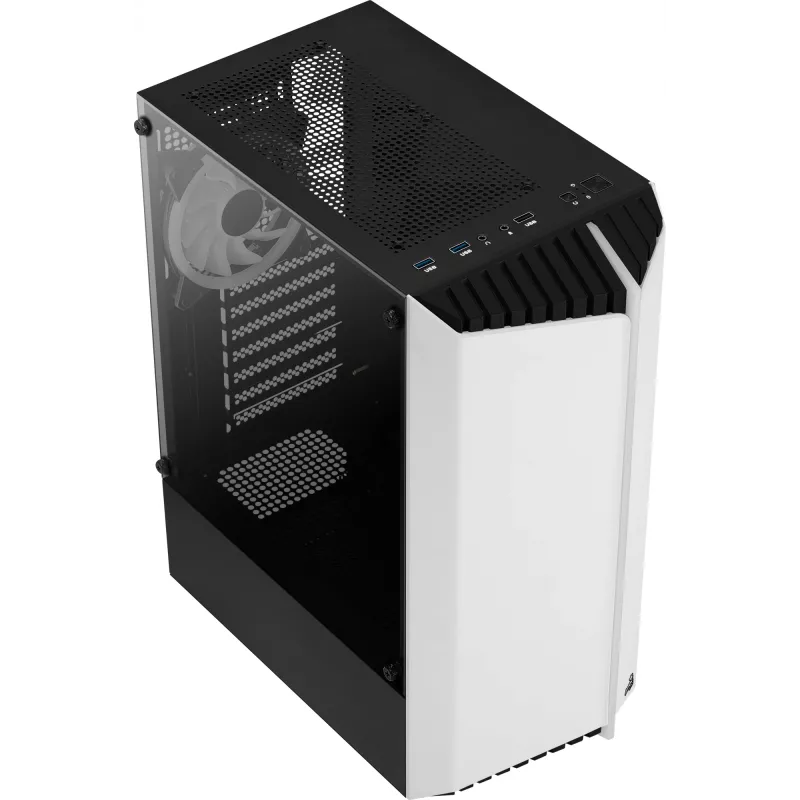 PC Case AEROCOOL Bionic Midi Tower White — ATX, Tempered Glass, 2x3.5 inch bays, 6x2.5 inch, 297 mm GPU, Blue LED