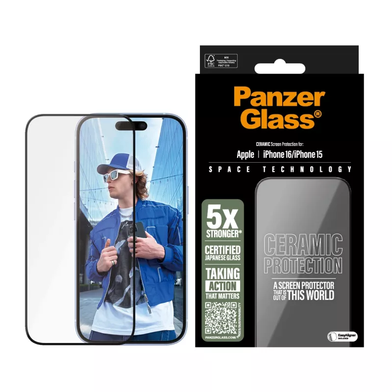 PanzerGlass ® Ceramic Screen Protector iPhone 16 | 15 | Ultra-Wide Fit w. EasyAligner