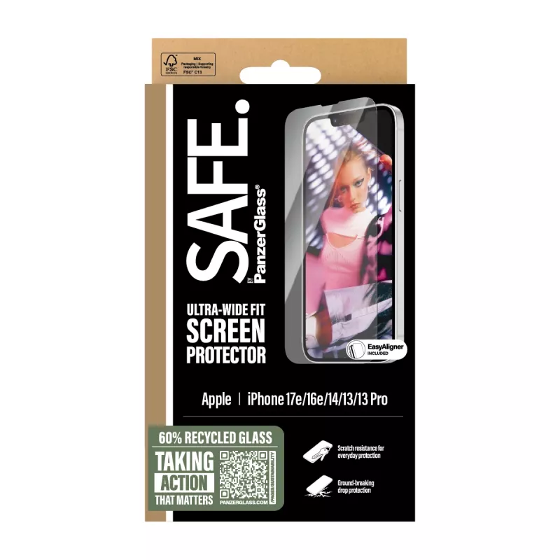 PanzerGlass SAFE. by ® Screen Protector iPhone 17e | 16e | 14 | 13 | 13 Pro | Ultra-Wide Fit w. EasyAligner