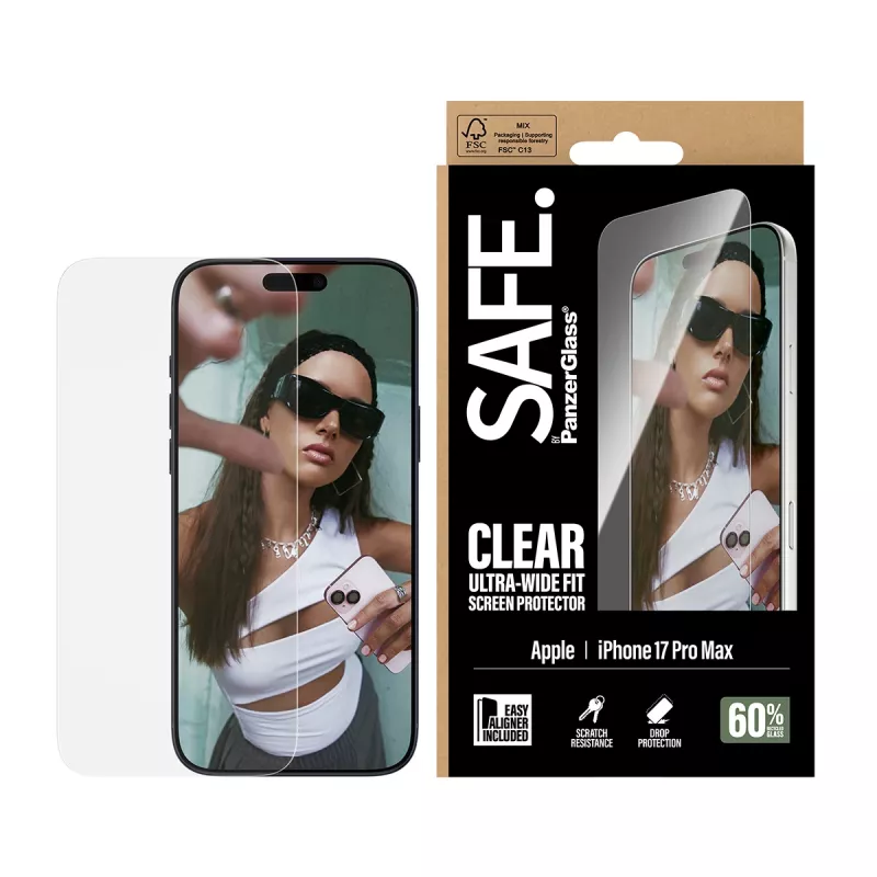Screen protector PanzerGlass SAFE. by for iPhone 17 Pro Max — Ultra-Wide Fit, tempered glass, Dry install, 1 pcs