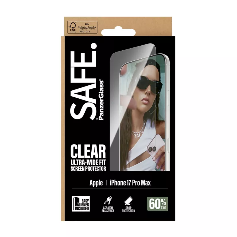 Screen protector PanzerGlass SAFE. by for iPhone 17 Pro Max — Ultra-Wide Fit, tempered glass, Dry install, 1 pcs