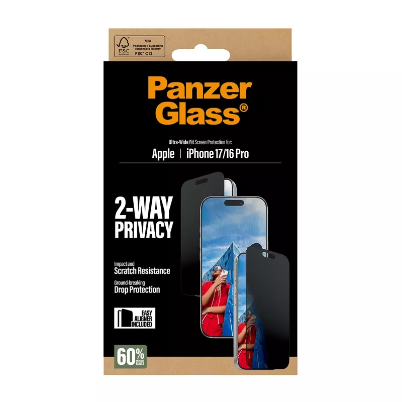 PanzerGlass ® 2-Way Privacy Screen Protector iPhone 17 | iPhone 16 Pro | Ultra-Wide Fit w. EasyAligner