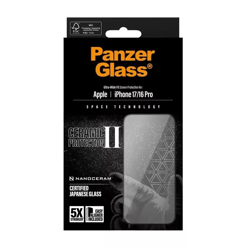 PanzerGlass ® Ceramic II Screen Protector iPhone 17 | iPhone 16 Pro | Ultra-Wide Fit w. EasyAligner