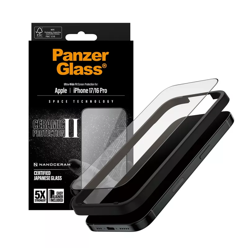 PanzerGlass ® Ceramic II Screen Protector iPhone 17 | iPhone 16 Pro | Ultra-Wide Fit w. EasyAligner
