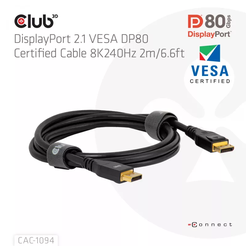 CLUB3D DisplayPort™ 2.1 VESA DP80 Certified Cable 8K240Hz 2m/6.56ft