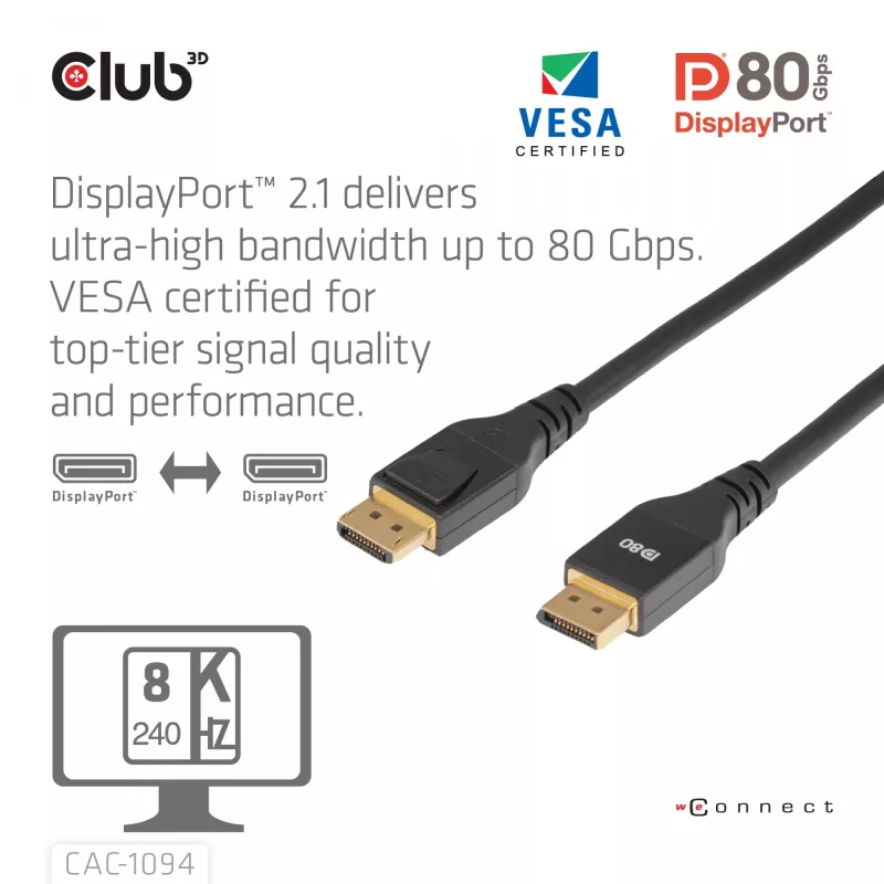 CLUB3D DisplayPort™ 2.1 VESA DP80 Certified Cable 8K240Hz 2m/6.56ft