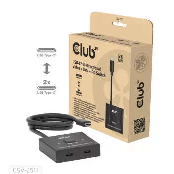 CLUB3D USB-C® Bi-Directional Video + Data + PD Switch, USB Type-C, 2x DisplayPort, 7680 x 4320 pixels, Black, 8K Ultra HD, 120 Hz