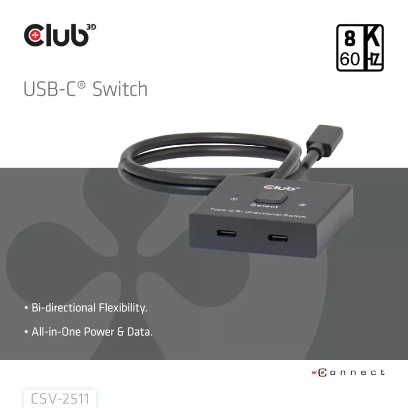 CLUB3D USB-C® Bi-Directional Video + Data + PD Switch, USB Type-C, 2x DisplayPort, 7680 x 4320 pixels, Black, 8K Ultra HD, 120 Hz