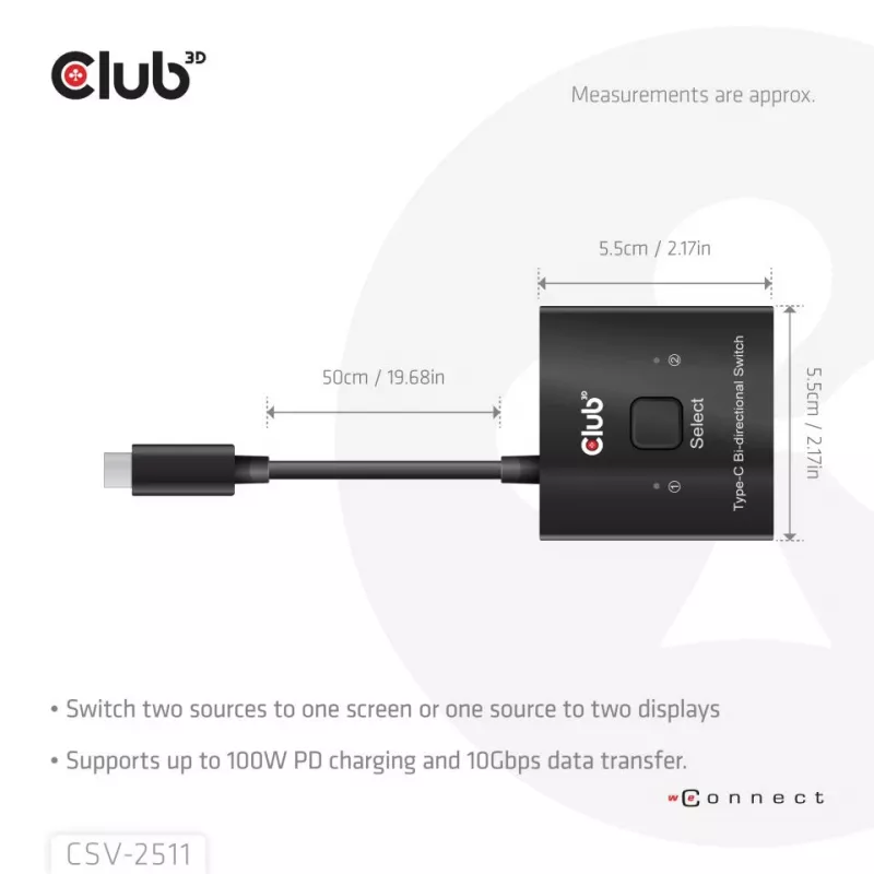 CLUB3D USB-C® Bi-Directional Video + Data + PD Switch, USB Type-C, 2x DisplayPort, 7680 x 4320 pixels, Black, 8K Ultra HD, 120 Hz