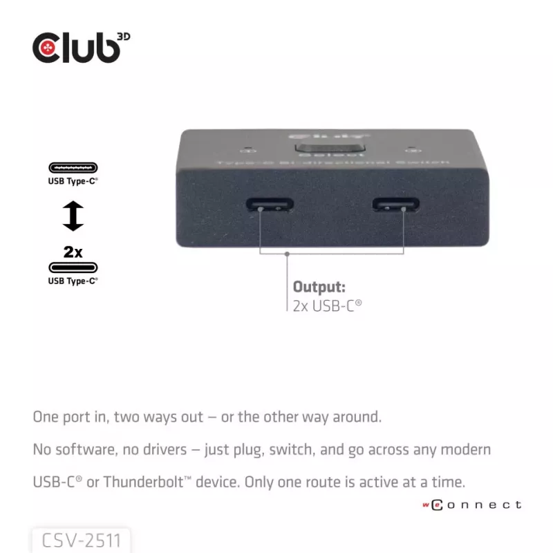 CLUB3D USB-C® Bi-Directional Video + Data + PD Switch, USB Type-C, 2x DisplayPort, 7680 x 4320 pixels, Black, 8K Ultra HD, 120 Hz