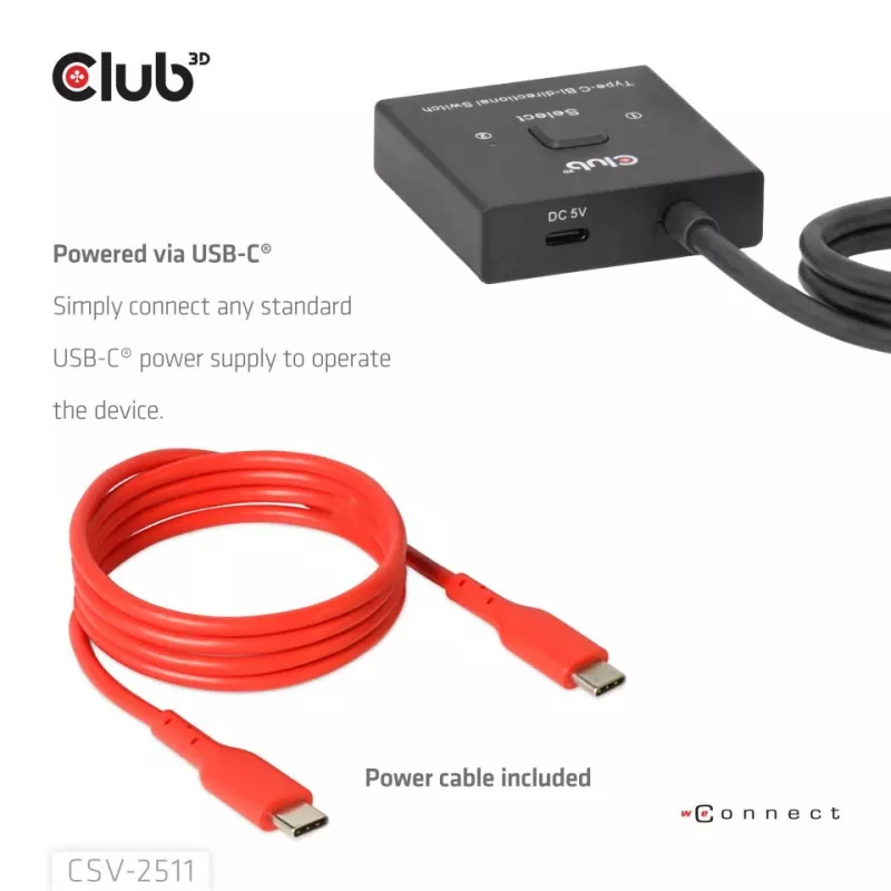 CLUB3D USB-C® Bi-Directional Video + Data + PD Switch, USB Type-C, 2x DisplayPort, 7680 x 4320 pixels, Black, 8K Ultra HD, 120 Hz