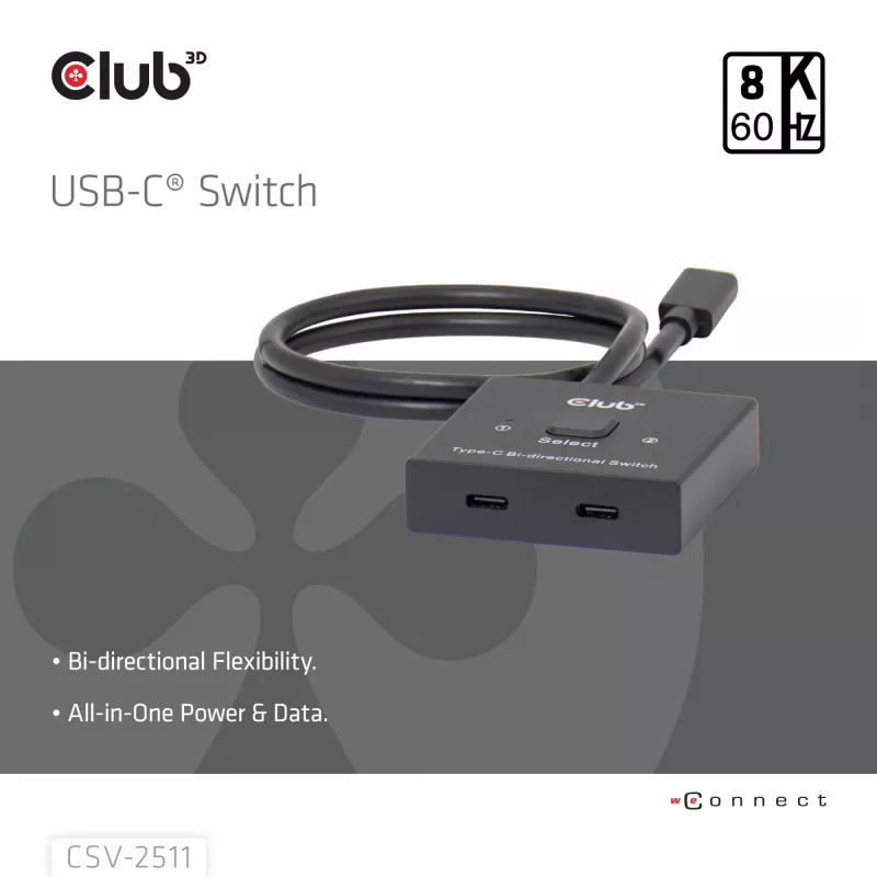 CLUB3D USB-C® Bi-Directional Video + Data + PD Switch, USB Type-C, 2x DisplayPort, 7680 x 4320 pixels, Black, 8K Ultra HD, 120 Hz