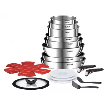 Pot set Tefal Ingenio L897SJ04 20 pcs — stainless steel, non-stick, includes 5 frying pans, 3 saucepans, wok, 4 lids