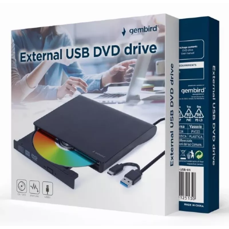 Internal DVD±RW drive Gembird DVD-USB-031 — USB Type-C, 24x CD / 8x DVD, front-loading, black, 140×18×140 mm
