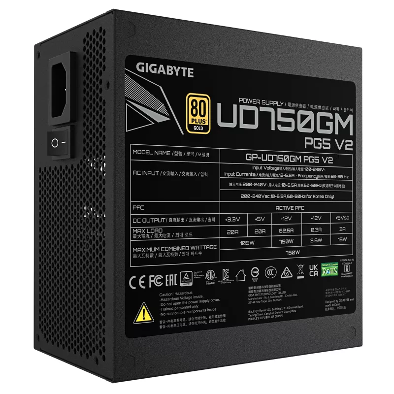 GIGABYTE UD750GM PG5 V2 Power Supply Unit- PCIe Gen 5.1, 80 PLUS Gold, Fully Modular Design, 120mm Fan, ATX 3.1 compatible, EU Plug
