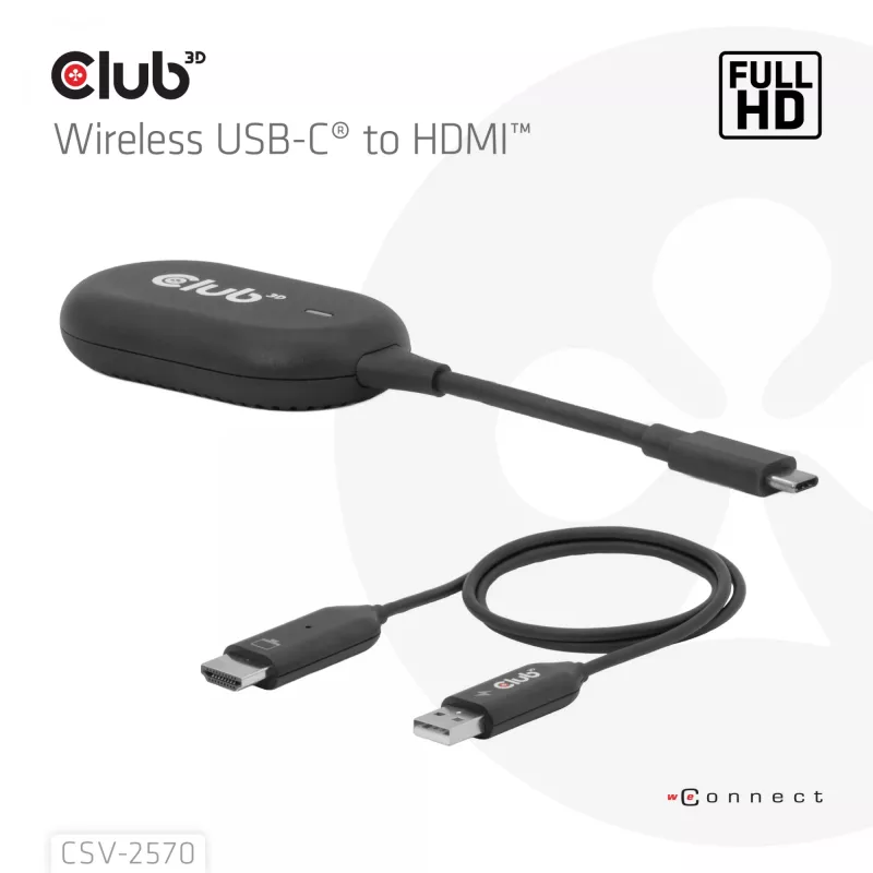 CLUB3D Wireless USB-C® to HDMI™, 1920 x 1080 pixels, AV transmitter & receiver, Wired & Wireless, Black, HDCP
