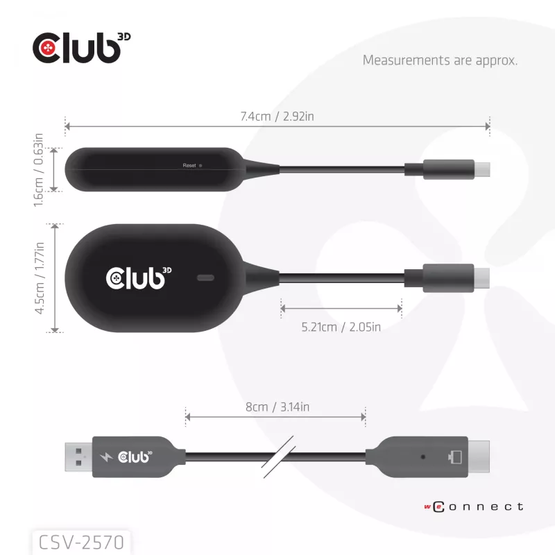 CLUB3D Wireless USB-C® to HDMI™, 1920 x 1080 pixels, AV transmitter & receiver, Wired & Wireless, Black, HDCP
