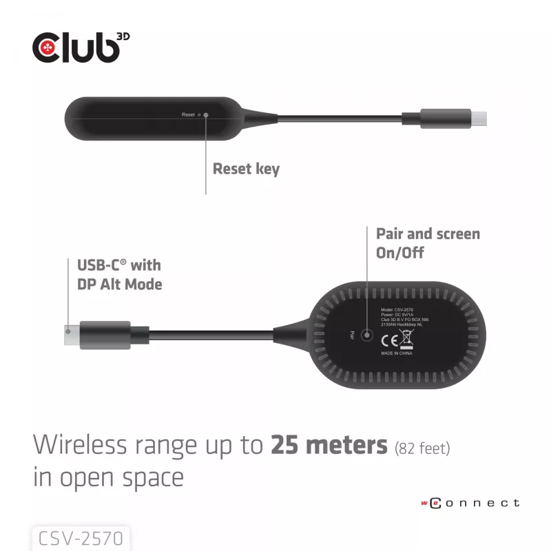 CLUB3D Wireless USB-C® to HDMI™, 1920 x 1080 pixels, AV transmitter & receiver, Wired & Wireless, Black, HDCP