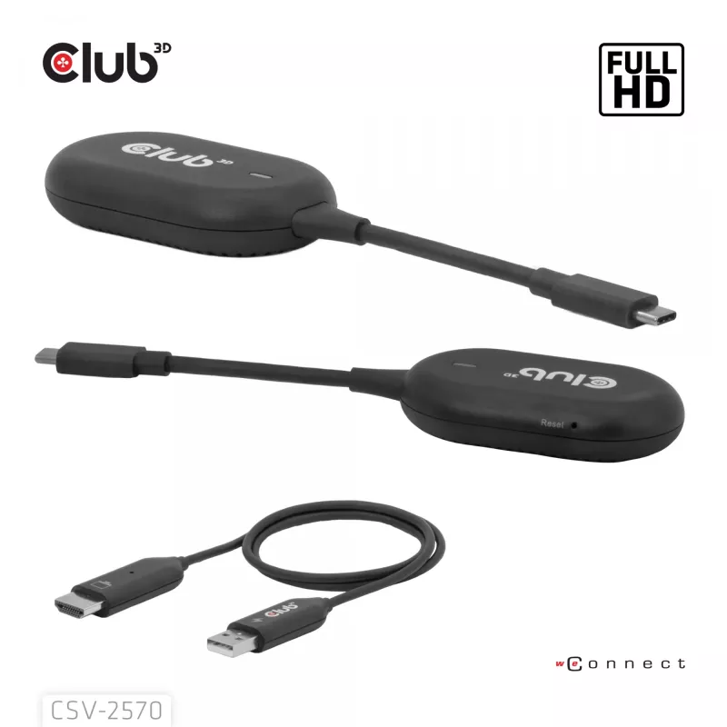 CLUB3D Wireless USB-C® to HDMI™, 1920 x 1080 pixels, AV transmitter & receiver, Wired & Wireless, Black, HDCP