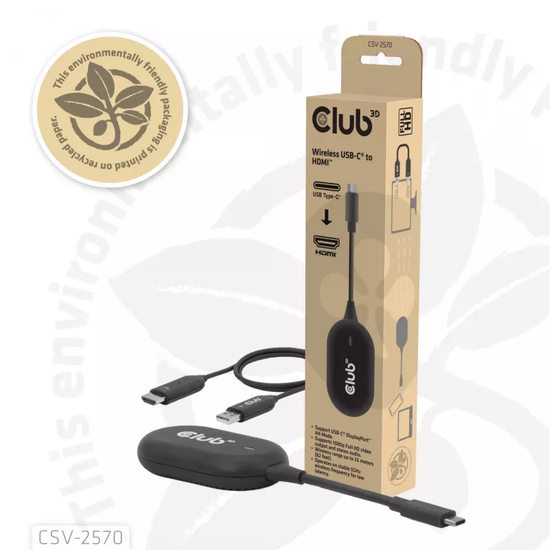 CLUB3D Wireless USB-C® to HDMI™, 1920 x 1080 pixels, AV transmitter & receiver, Wired & Wireless, Black, HDCP
