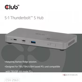 CLUB3D CSV-2563 5-1 Thunderbolt™ 5 Hub Triple video 5K60Hz Thunderbolt™ Share Certifi ed 180W