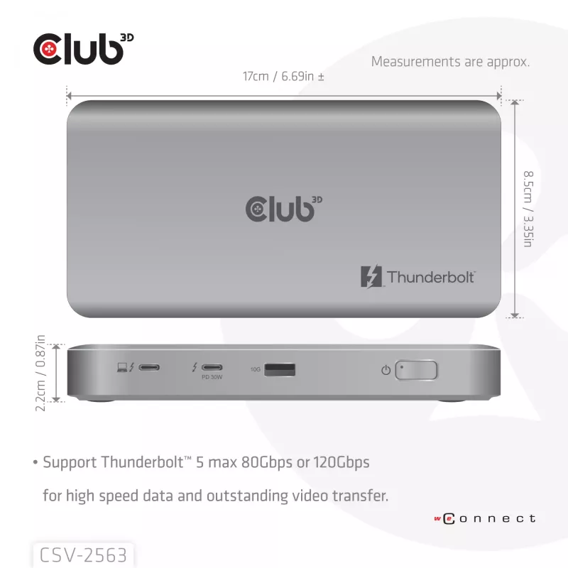 CLUB3D CSV-2563 5-1 Thunderbolt™ 5 Hub Triple video 5K60Hz Thunderbolt™ Share Certifi ed 180W