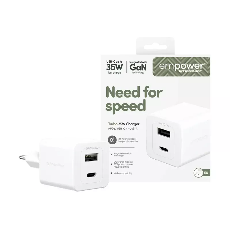 PanzerGlass empower™ by ® Turbo 35W Charger incl. USB-C + USB-A | EU Plug | Silver White