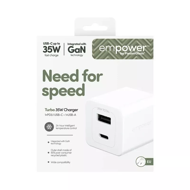 PanzerGlass empower™ by ® Turbo 35W Charger incl. USB-C + USB-A | EU Plug | Silver White
