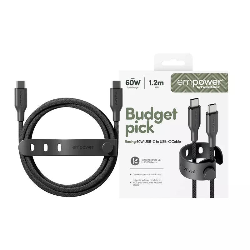 PanzerGlass empower™ by ® Racing 60W USB-C to USB-C Cable | USB 2.0 | 1.2M | Space Black