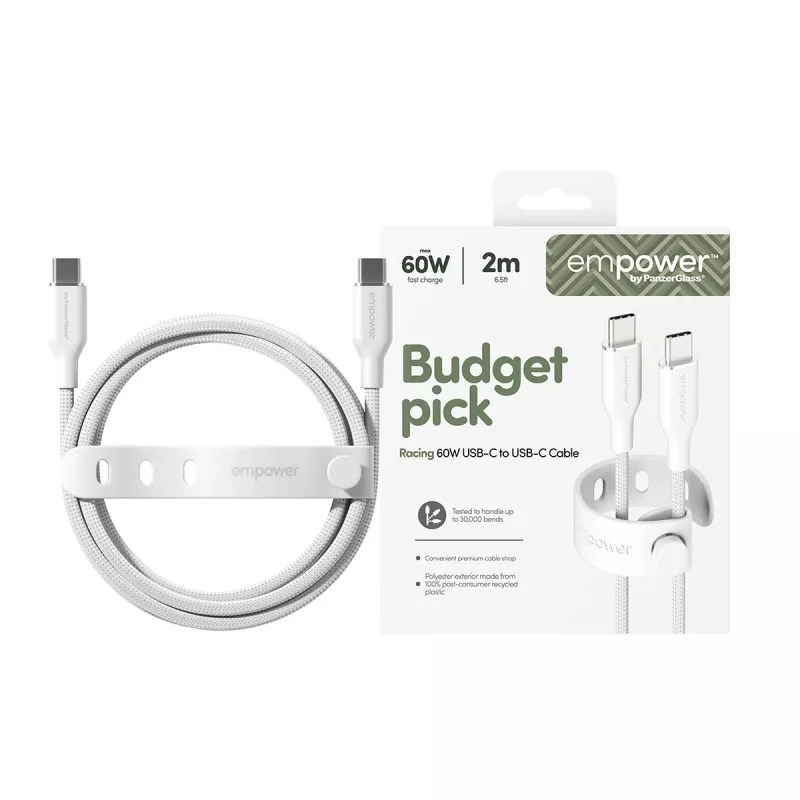 PanzerGlass empower™ by ® Racing 60W USB-C to USB-C Cable | USB 2.0 | 2M | Silver White