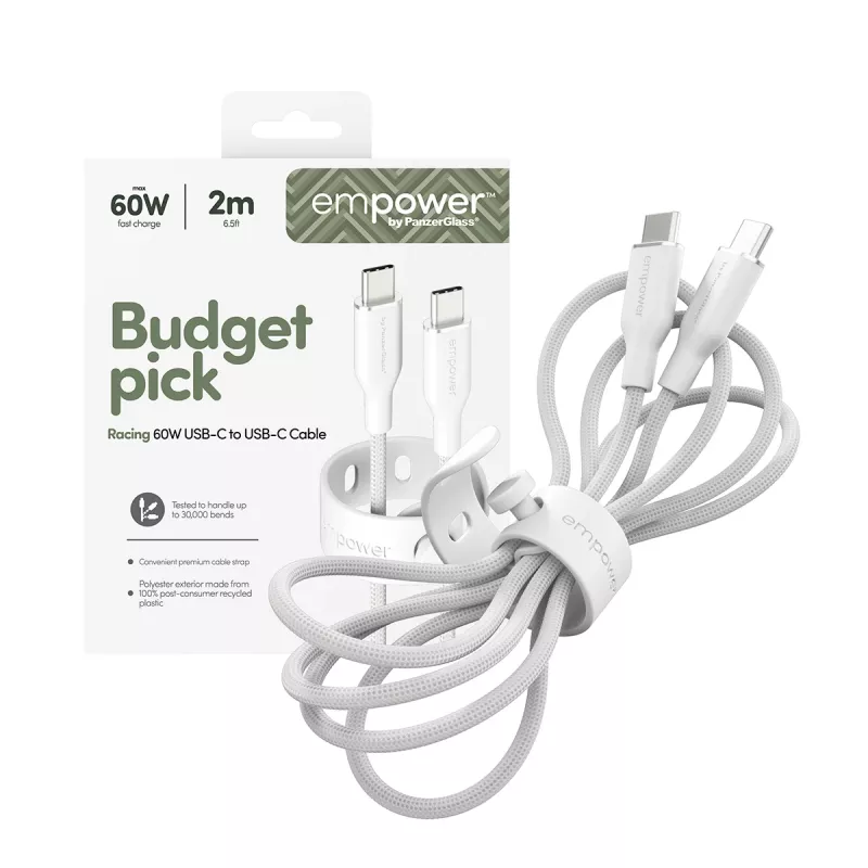 PanzerGlass empower™ by ® Racing 60W USB-C to USB-C Cable | USB 2.0 | 2M | Silver White