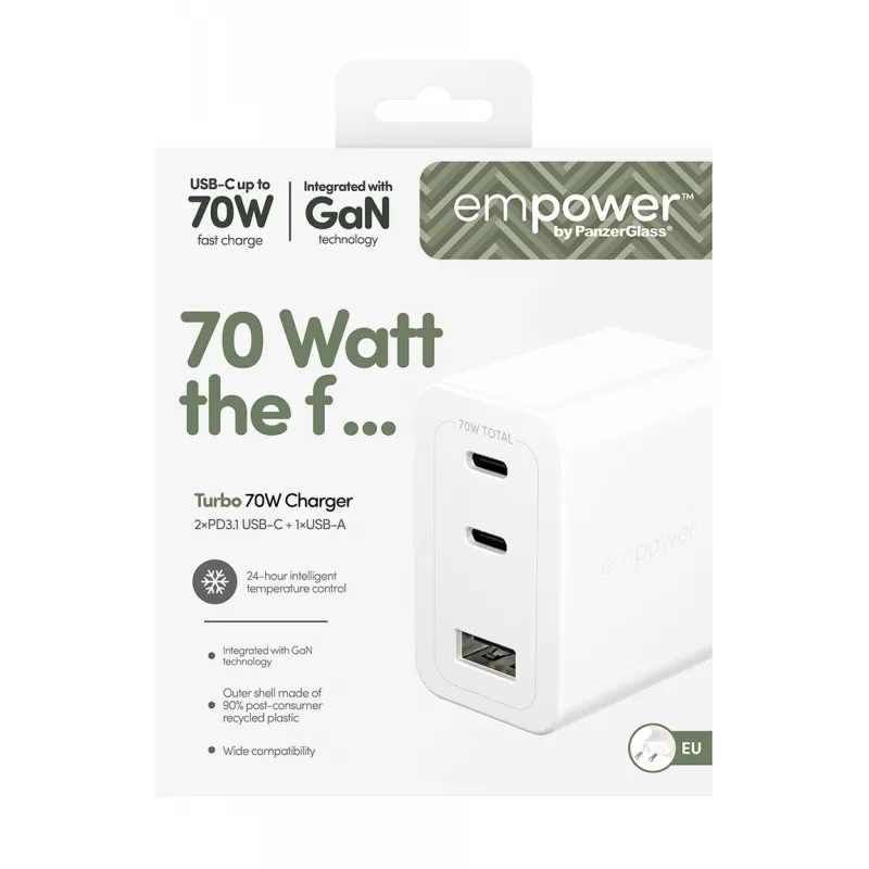 PanzerGlass empower™ by ® Turbo 70W Multiple Charger incl. 2 x USB-C + USB-A | EU Plug | Silver White