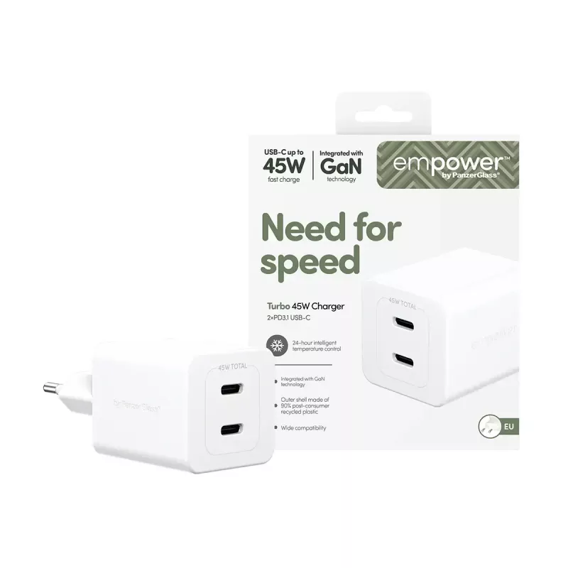 PanzerGlass empower™ by ® Turbo 45W Charger incl. 2 x USB-C | EU Plug | Silver White
