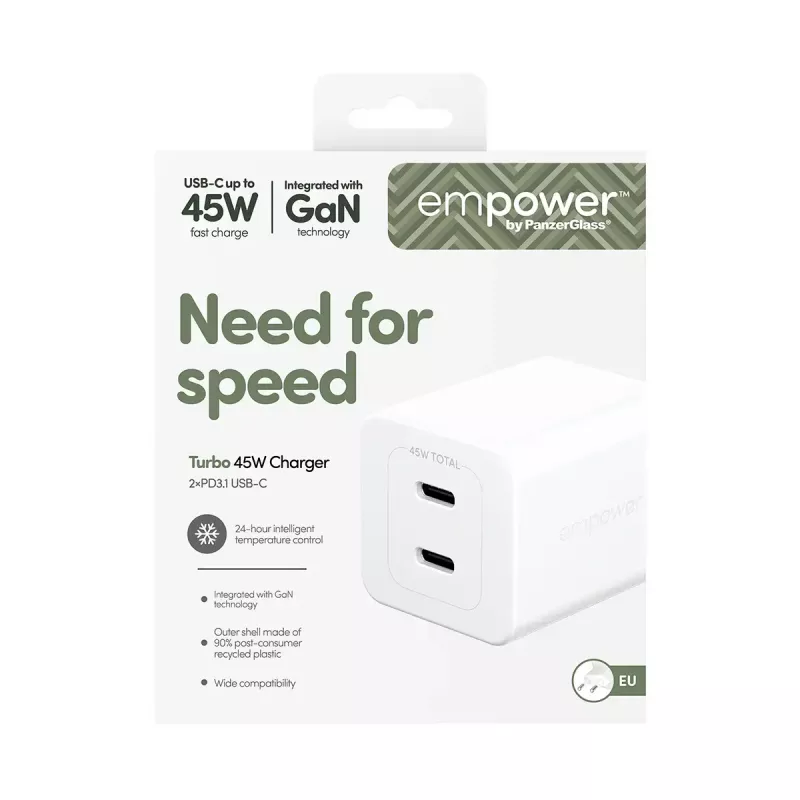 PanzerGlass empower™ by ® Turbo 45W Charger incl. 2 x USB-C | EU Plug | Silver White
