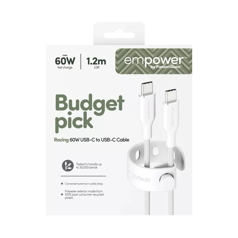 PanzerGlass empower™ by ® Racing 60W USB-C to USB-C Cable | USB 2.0 | 1.2M | Silver White