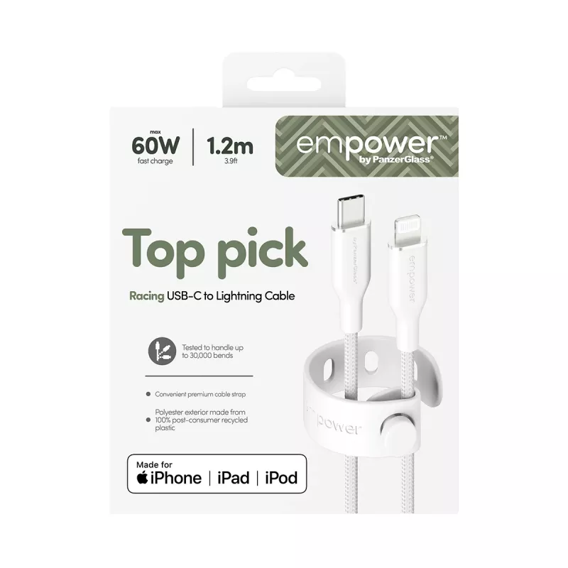 PanzerGlass empower™ by ® Racing 60W USB-C to Lightning Cable | USB 2.0 | 1.2M | Silver White
