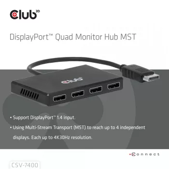 CLUB3D Quad DisplayPort™ Hub – 4 x 4K Resolution @ 30Hz, MST Support