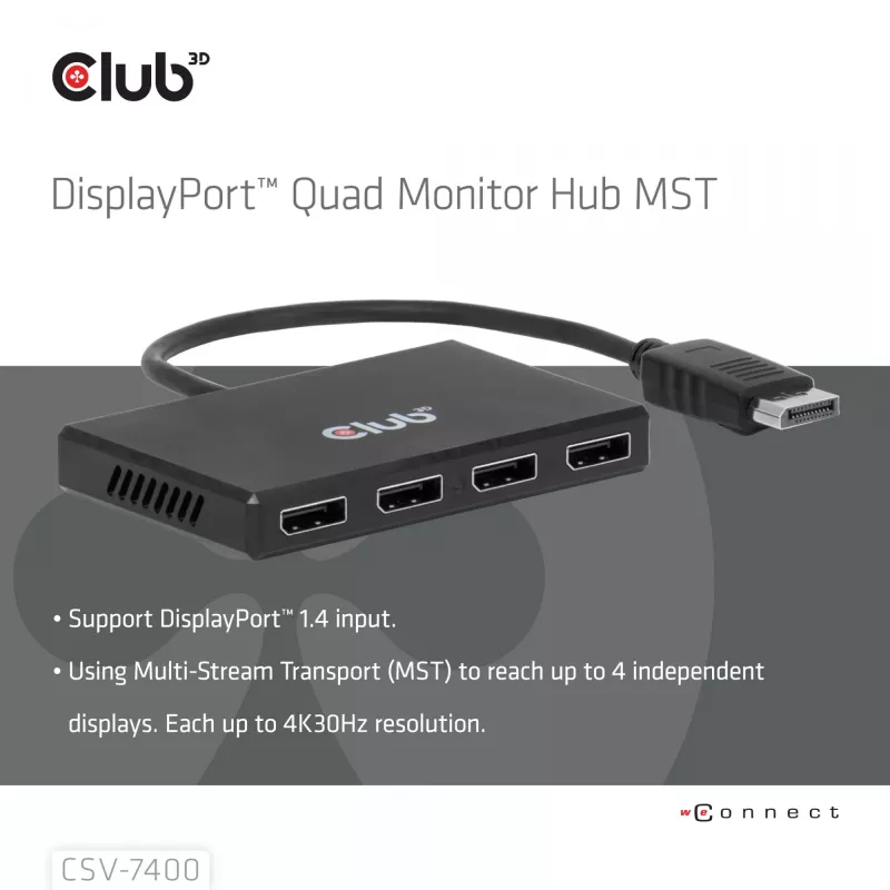 CLUB3D Quad DisplayPort™ Hub – 4 x 4K Resolution @ 30Hz, MST Support