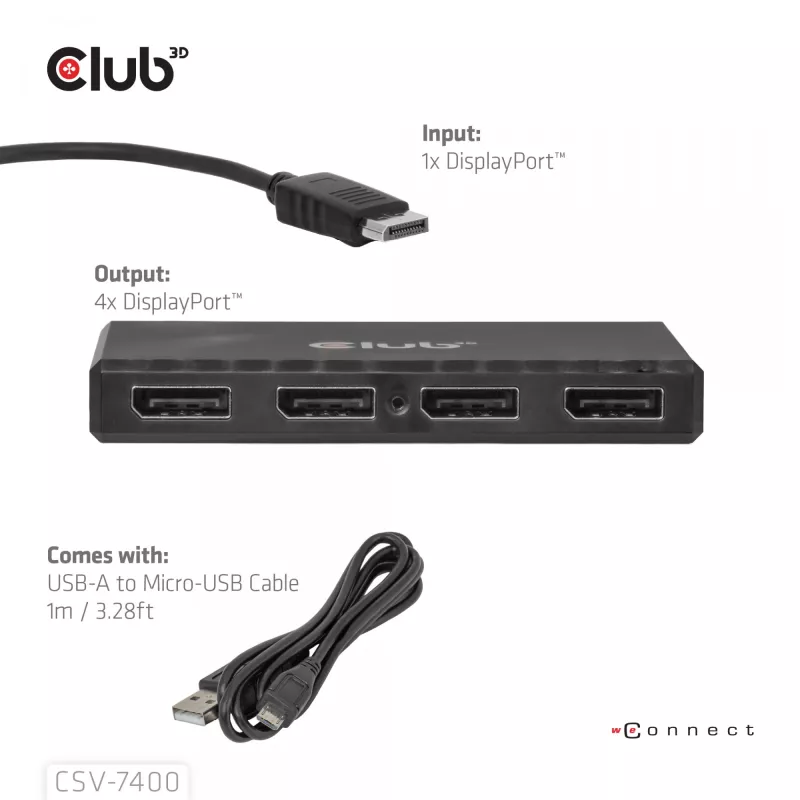 CLUB3D Quad DisplayPort™ Hub – 4 x 4K Resolution @ 30Hz, MST Support
