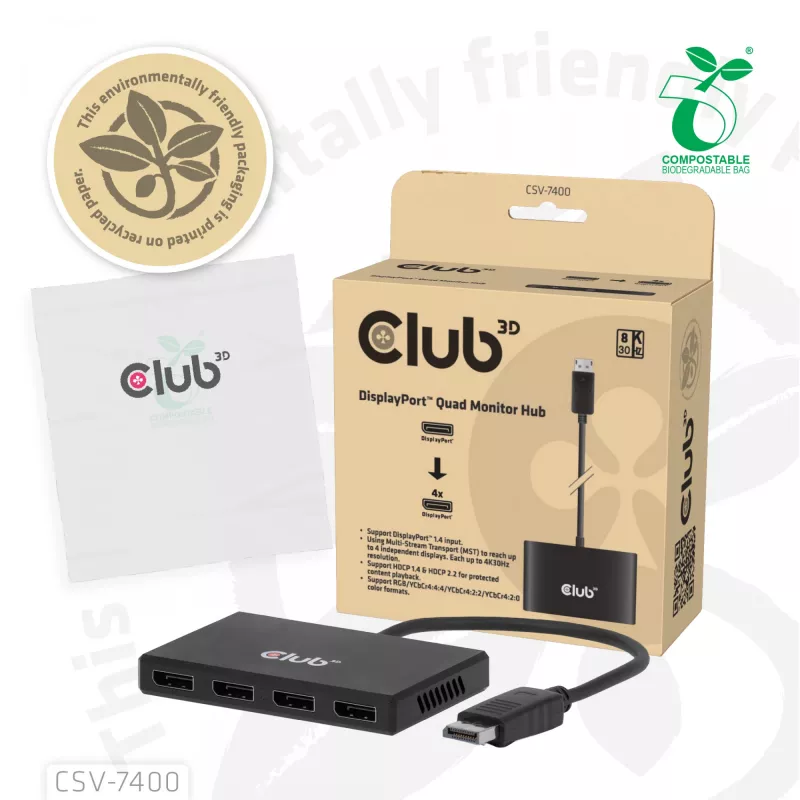 CLUB3D Quad DisplayPort™ Hub – 4 x 4K Resolution @ 30Hz, MST Support